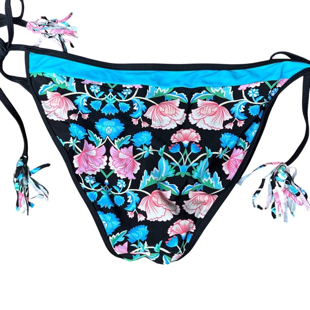 Womens Floral Print Black & Blue Bikini Swim Bottom With Adjustable Side Ties M - Picture 5 of 5